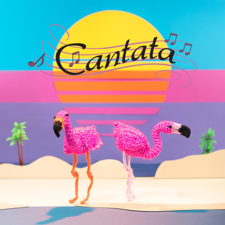 A colorful retro background featuring pink flamingos crafted from Cascade Yarns's Cantata yarn line.