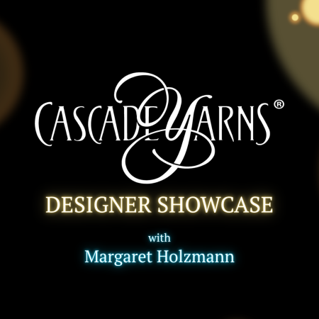 A black and gold Cascade Yarns Designer showcase header.
