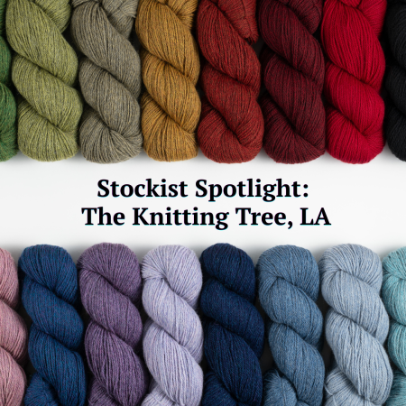 Cascade 220 is featured against a white background. Accompanying text: Stockist Spotlight - The Knitting Tree, LA.