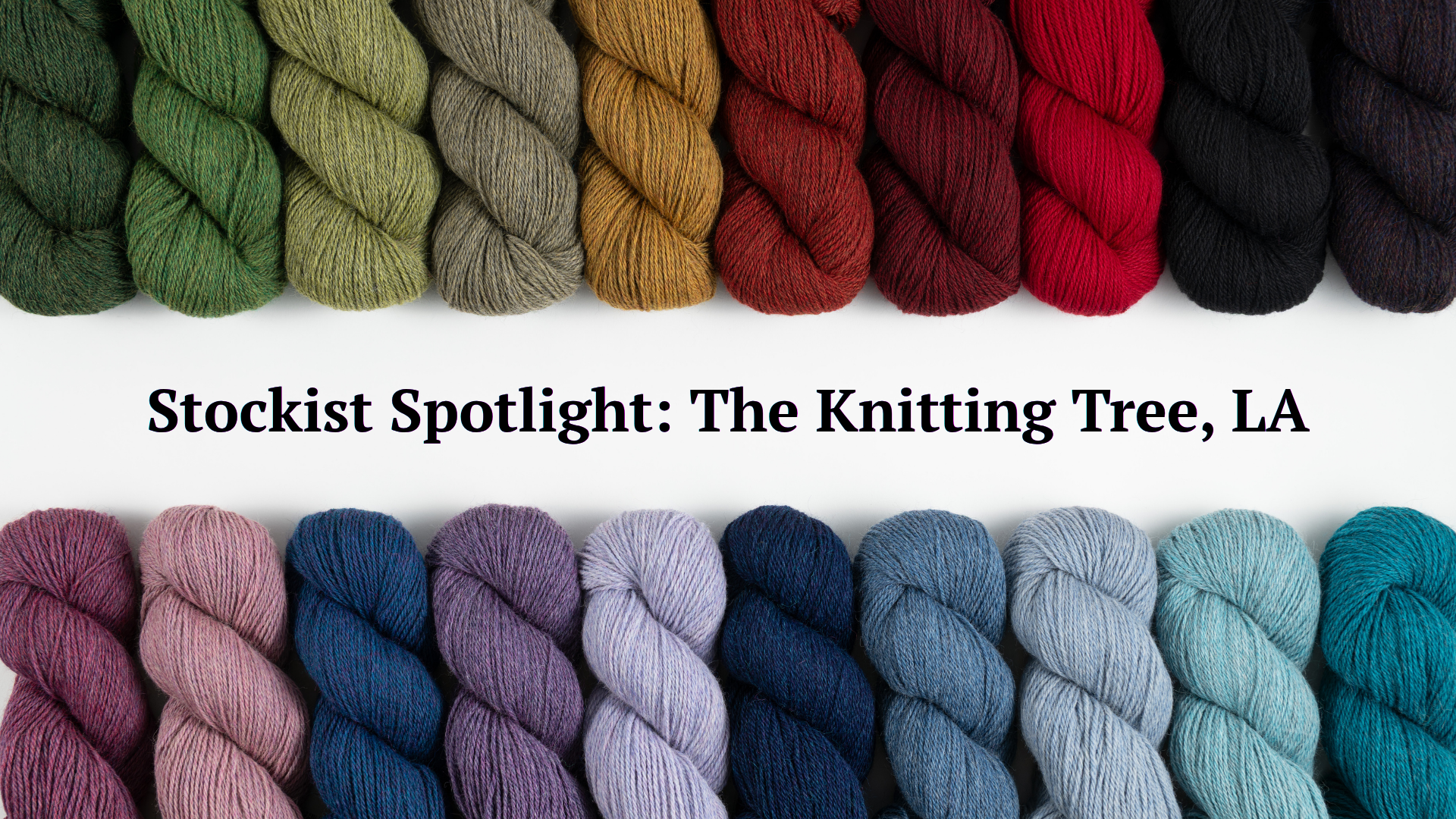 Various colors of Cascade 220 sit against a white background. Accompanying text: Stockist Spotlight: The Knitting Tree, LA.